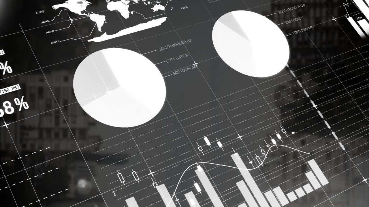 animación de la interfaz infográfica sobre edificios modernos contra el cielo
