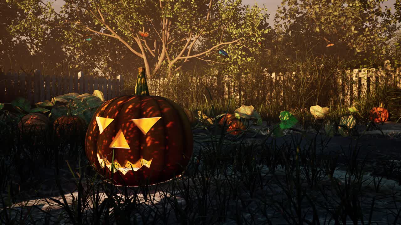 Spooky Halloween Jack-o'-Lantern in a Foggy Garden