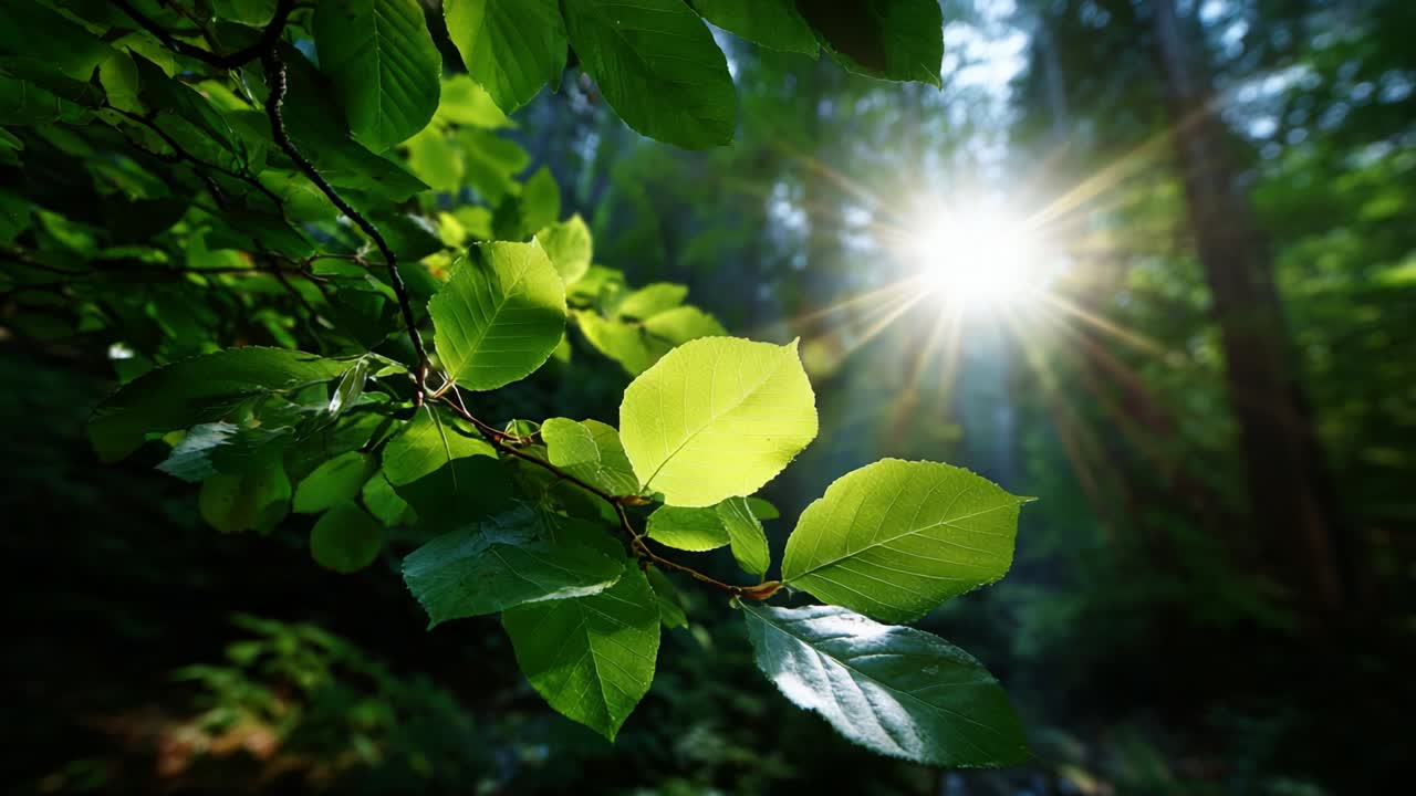 Captivating Morning Light Filtering Through Lush Green Leaves in a Serene Forest Setting, Highlighting Nature’s Beauty and the Tranquility Found Within the Majestic Canopy of Trees