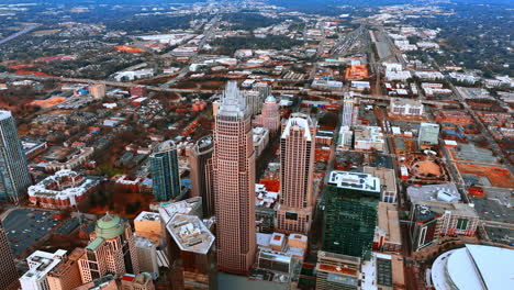 high modern beautiful building of bank of america corporate centre in the downtown of charlotte, nc, usa. vast cityscape of the metropolis from top view