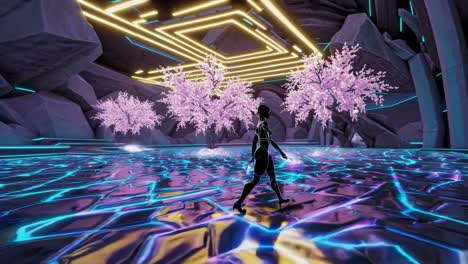 cyberpunk woman walking through a neon garden