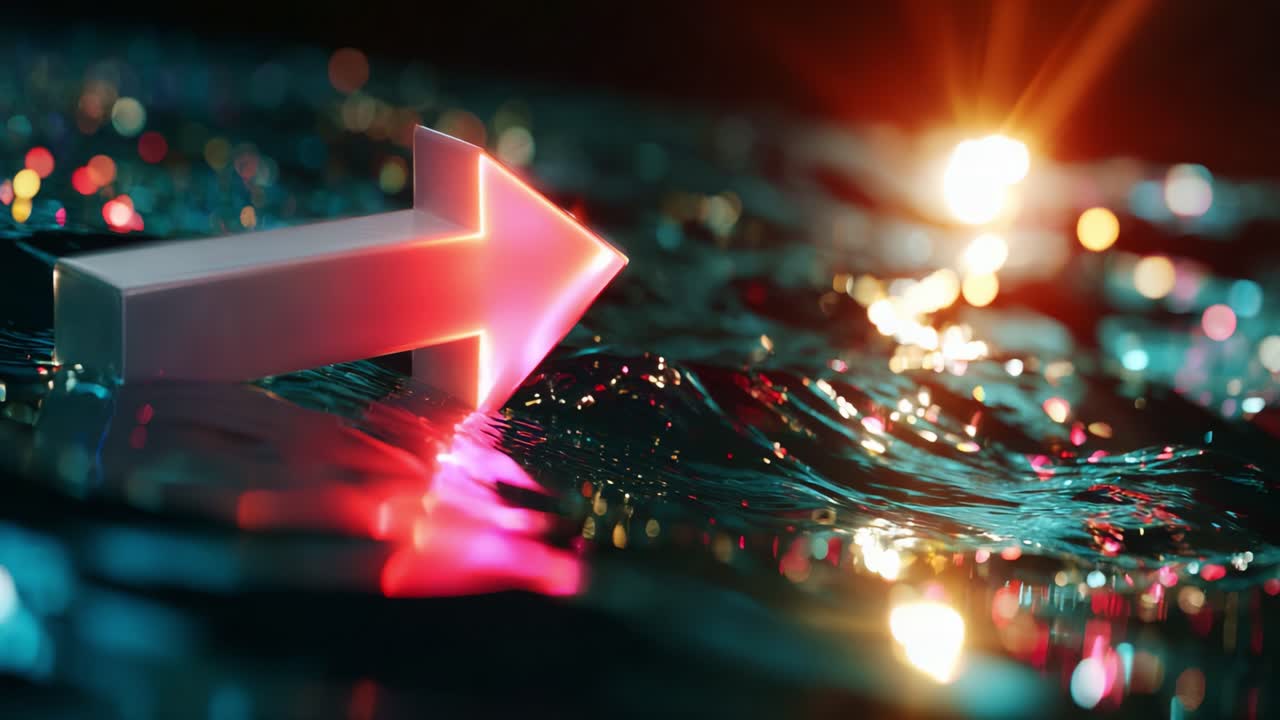 An illuminated arrow pointing towards the horizon, reflected over shimmering water with a vibrant, colorful ambiance, capturing the essence of direction and exploration in a surreal environment