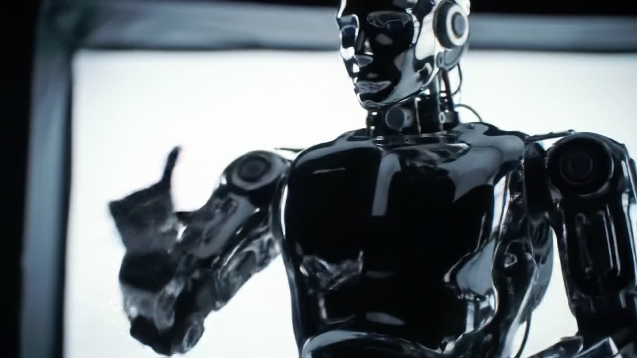 Futuristic humanoid robot with a shiny metallic surface gestures towards an illuminated backdrop, showcasing advanced robotic technology and design