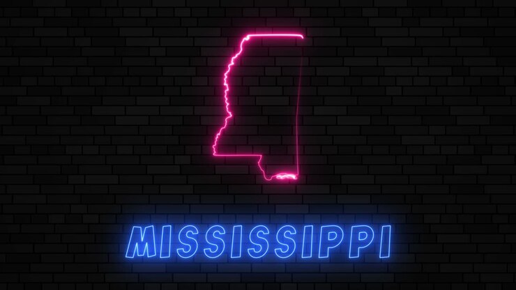 State of Mississippi map silhouette with neon line on a dark brick wall background