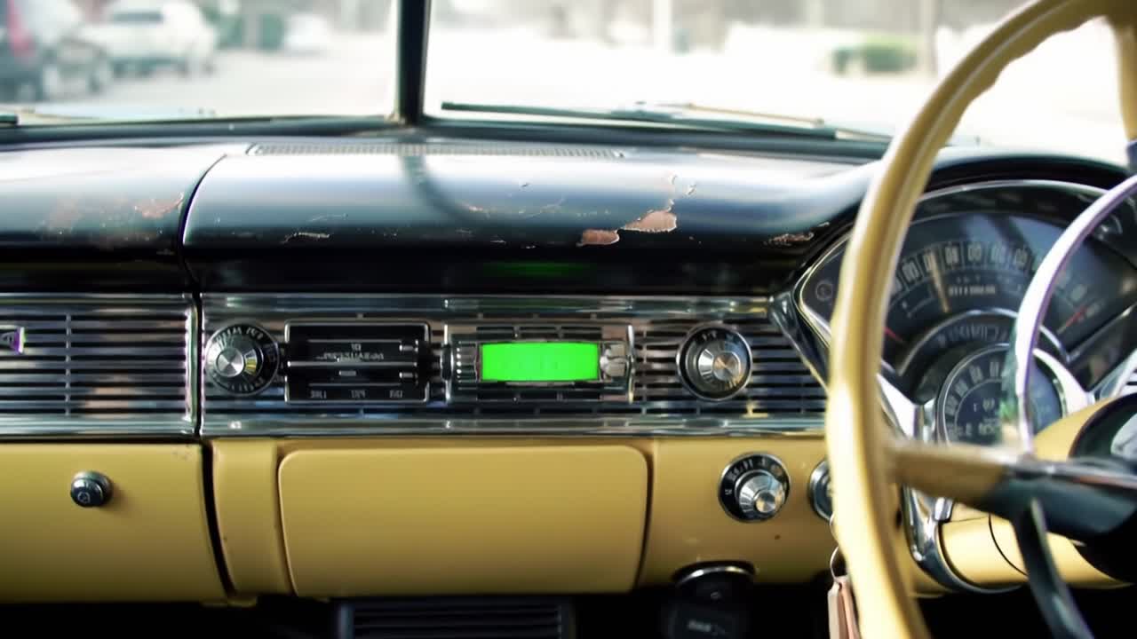 A Journey through Time: Engaging with an Iconic Vintage Car's Dashboard and Accessories, Capturing Nostalgia and Old-School Charm in Every Frame