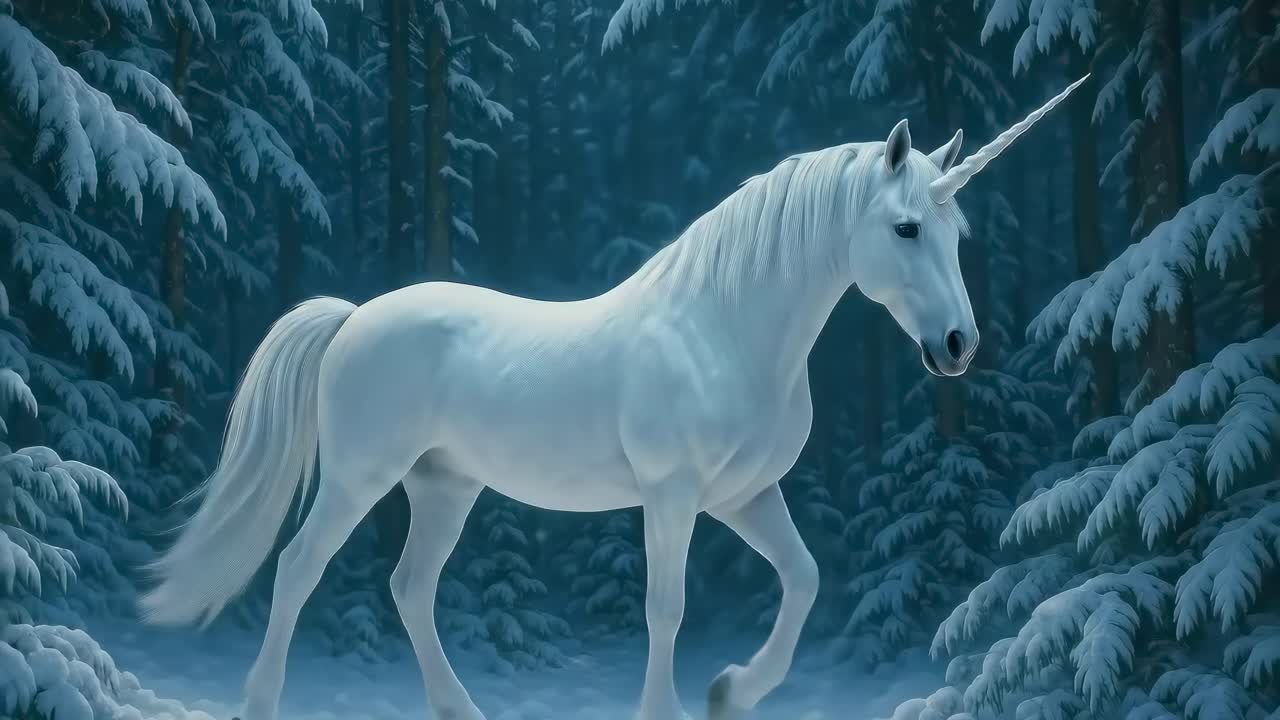 Majestic unicorn in snowy forest, side angle