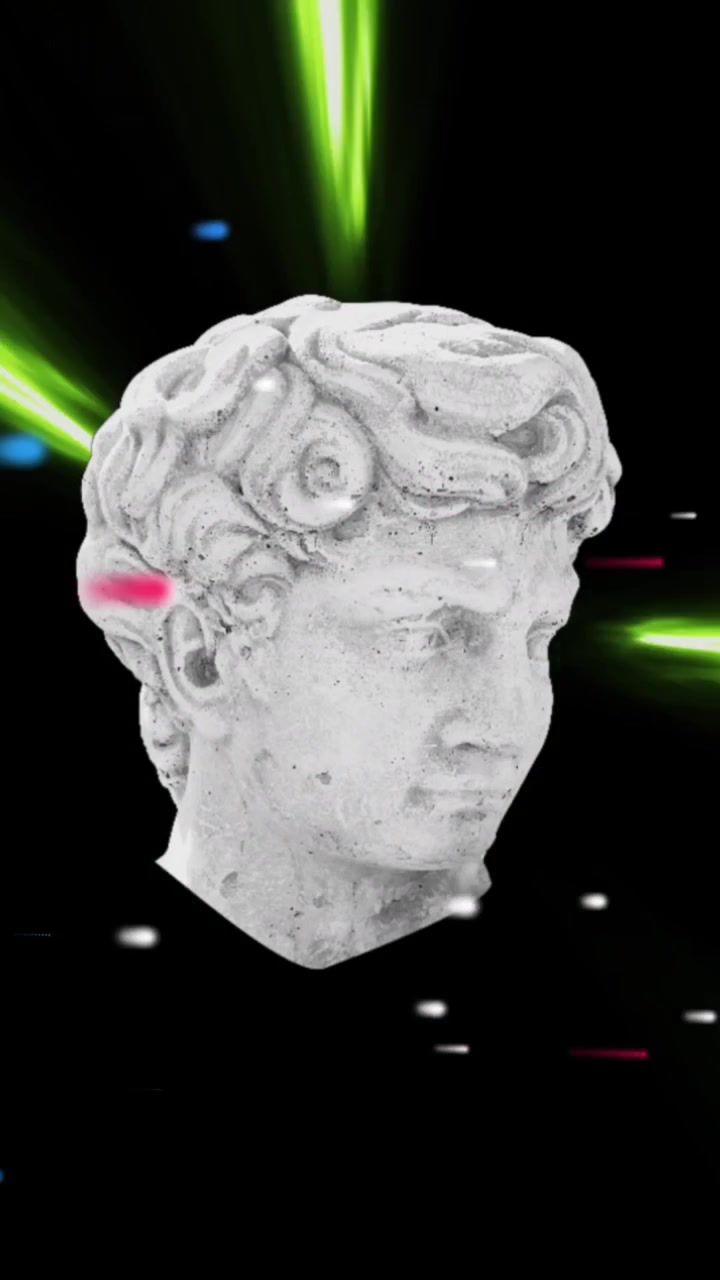 Animazione di testa di scultura antica su scie luminose