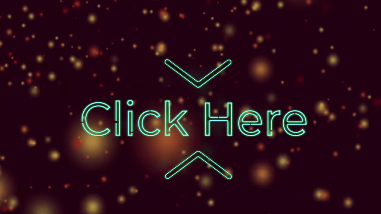 Glowing particles surrounding neon Click Here text in dark animation background