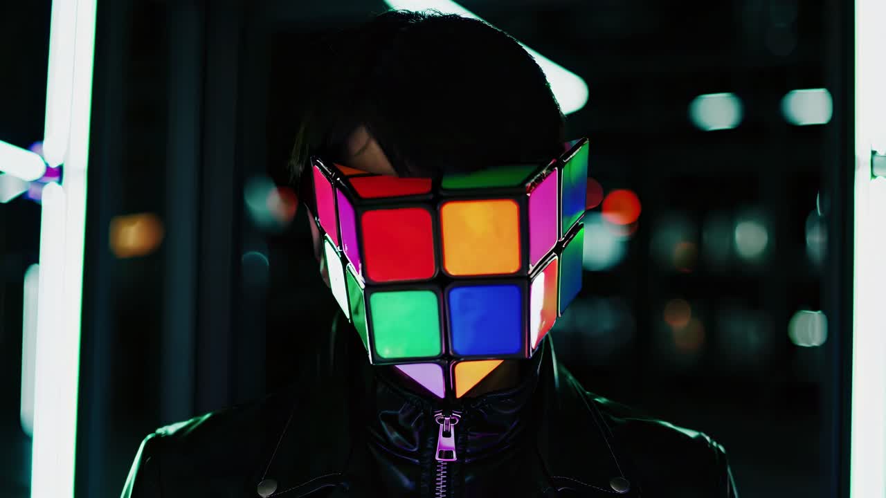 Person with dark hair and black leather jacket stands in a dimly lit urban setting, their face obscured by a vibrant, geometric puzzle cube mask, creating an intriguing cyberpunk aesthetic