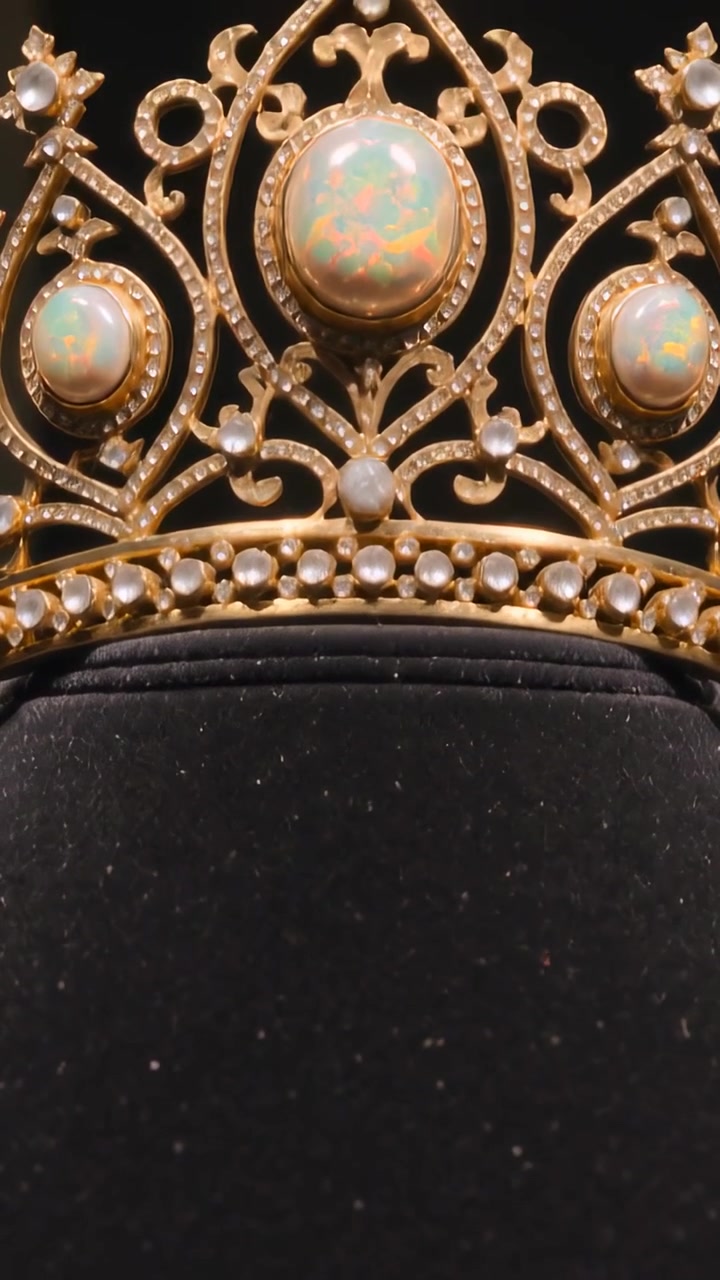 Video vertical: Cámara panorámica mostrando una corona de oro sobre un busto de terciopelo, iluminada para exhibir ópalos y perlas.