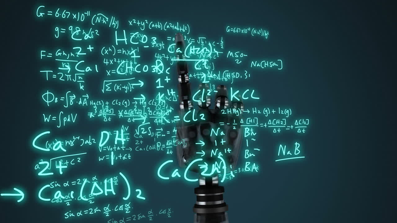 animación de procesamiento de datos científicos sobre el brazo del robot en fondo oscuro