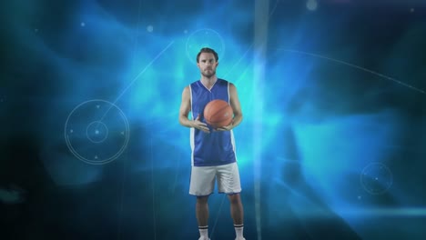 Animation-Des-Netzwerks-Von-Verbindungen-über-Einen-Kaukasischen-Männlichen-Basketballspieler