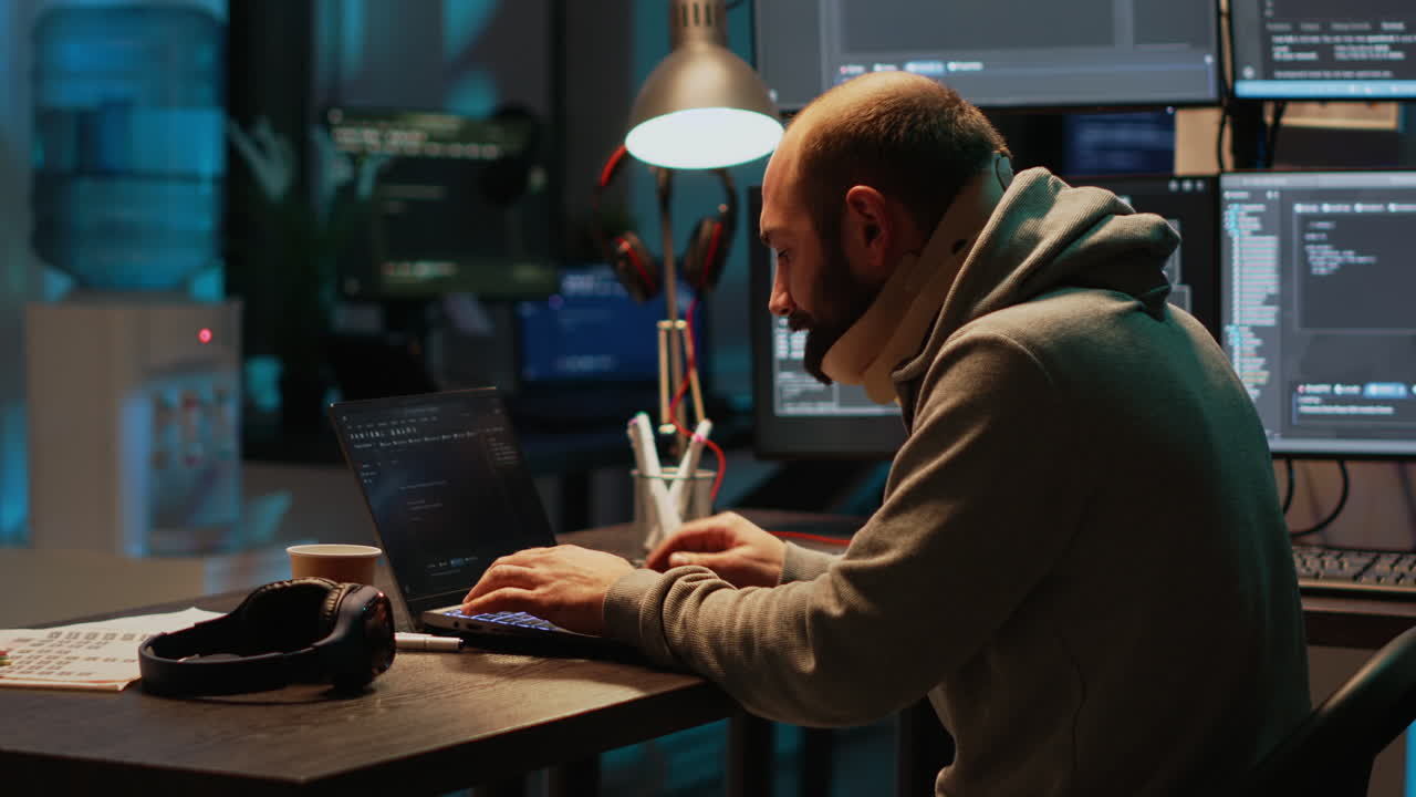 Programmer working at night with a neck brace