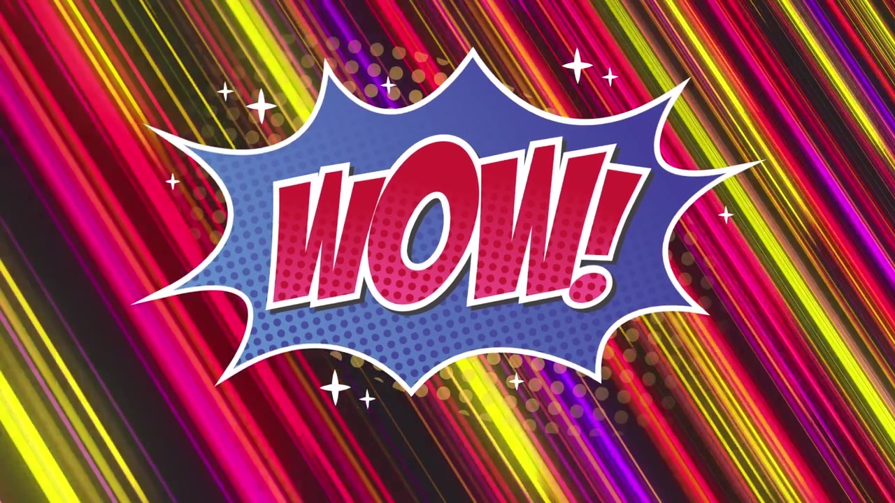 Animation von Comic Wow über sich schnell bewegenden bunten Linien im Hintergrund.