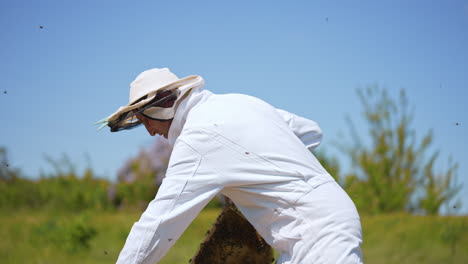 beekeeper in protective suit working on the field. apiarist worker harvesting honey from comb.