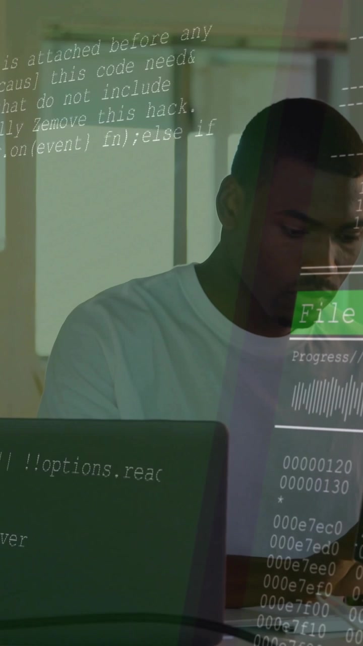Vertical video: Man typing at laptop, causing code overlay and progress bars for tech testing