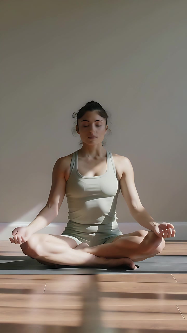 Vídeo vertical: Mulher respirando sentada em tapete de yoga em casa enquanto a luz do sol muda, relaxando de regata.