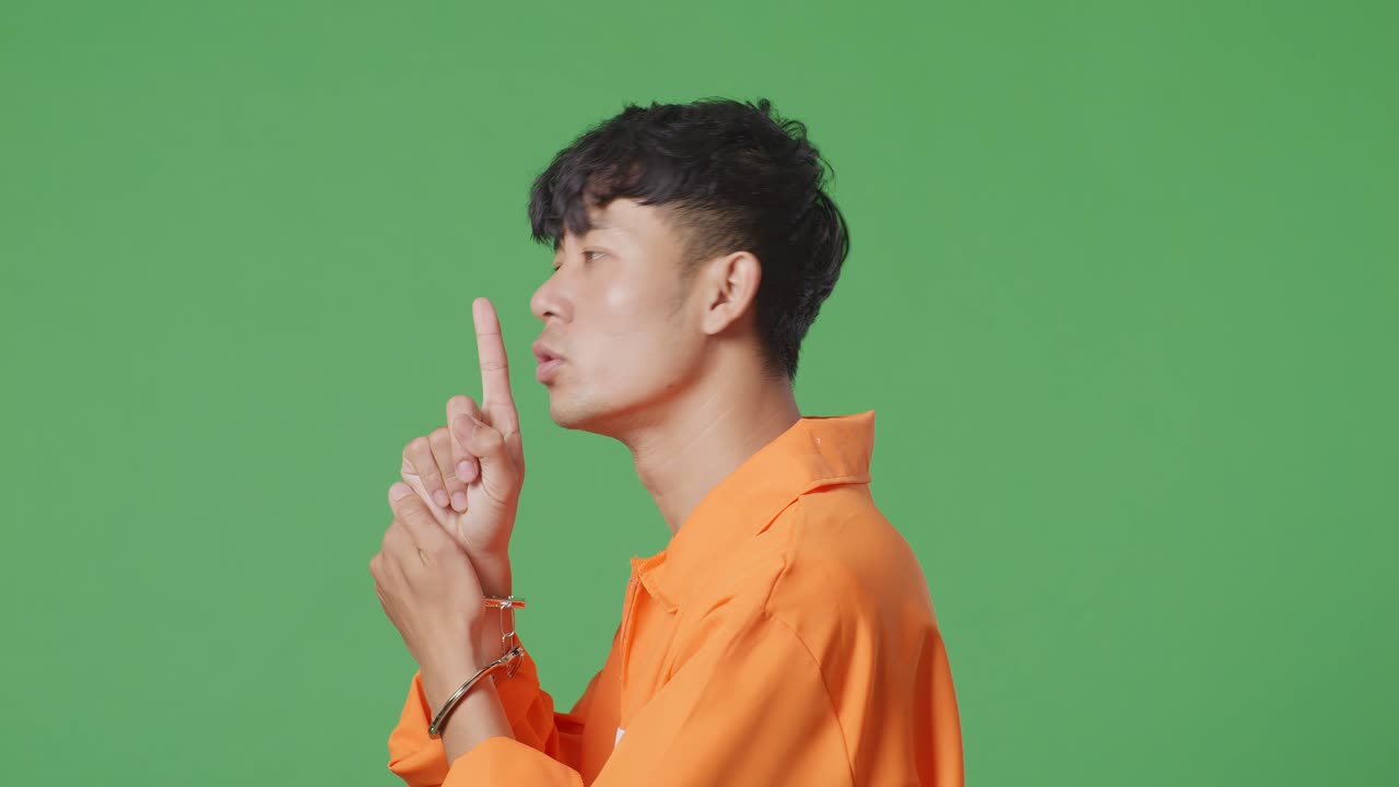 오렌지색 스웨터와 수갑을 입은 아시아인