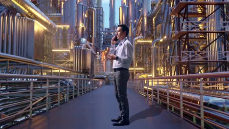 full body side view of an asian male professional worker standing at a vast oil refinery, he is speaking with someone in the phone and moving his left hand