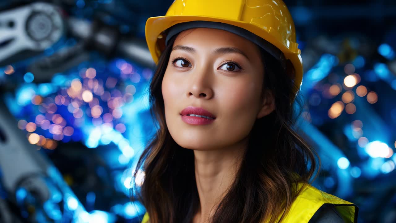 A focused industrial worker with a yellow hard hat and vibrant background showcasing advanced robotics technology, emphasizing empowerment, safety, and innovation in the modern workplace