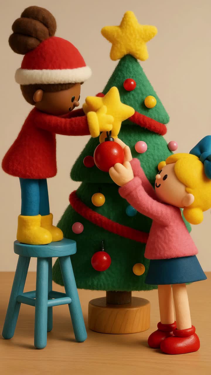 Whimsical stop-motion style video frame of two characters decorating a felt Christmas tree