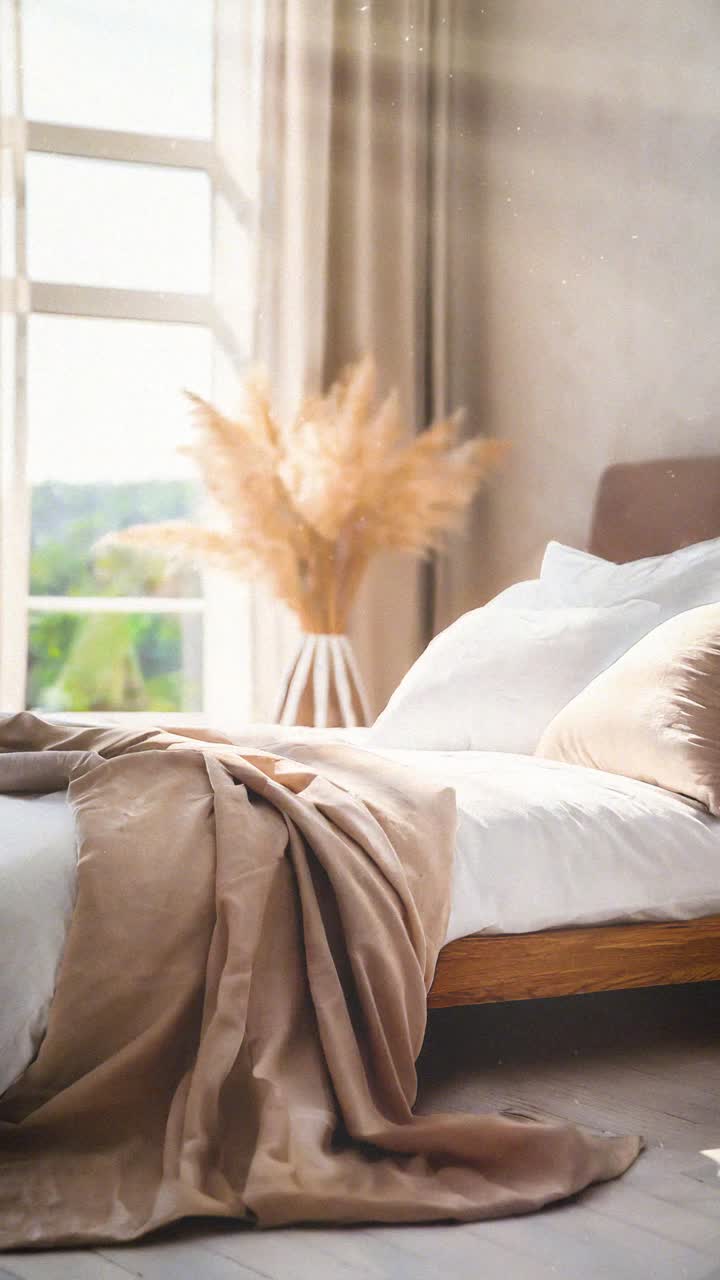 Interno di camera da letto accogliente con luce solare naturale ed erba delle pampas