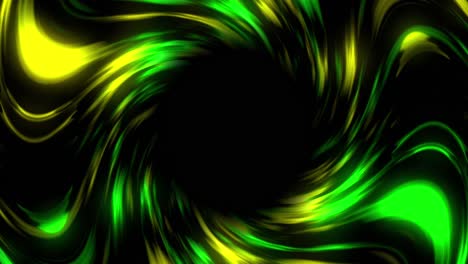Leuchtender-Grüner-Und-Gelber-Wirbel,-Der-Auf-Schwarzem-Hintergrund-Rotiert-Und-Pulsiert