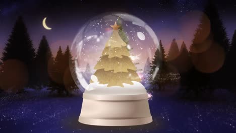 Animation-of-gold-christmas-tree-in-snow-globe,-with-glowing-light-trails,-in-forest-at-night