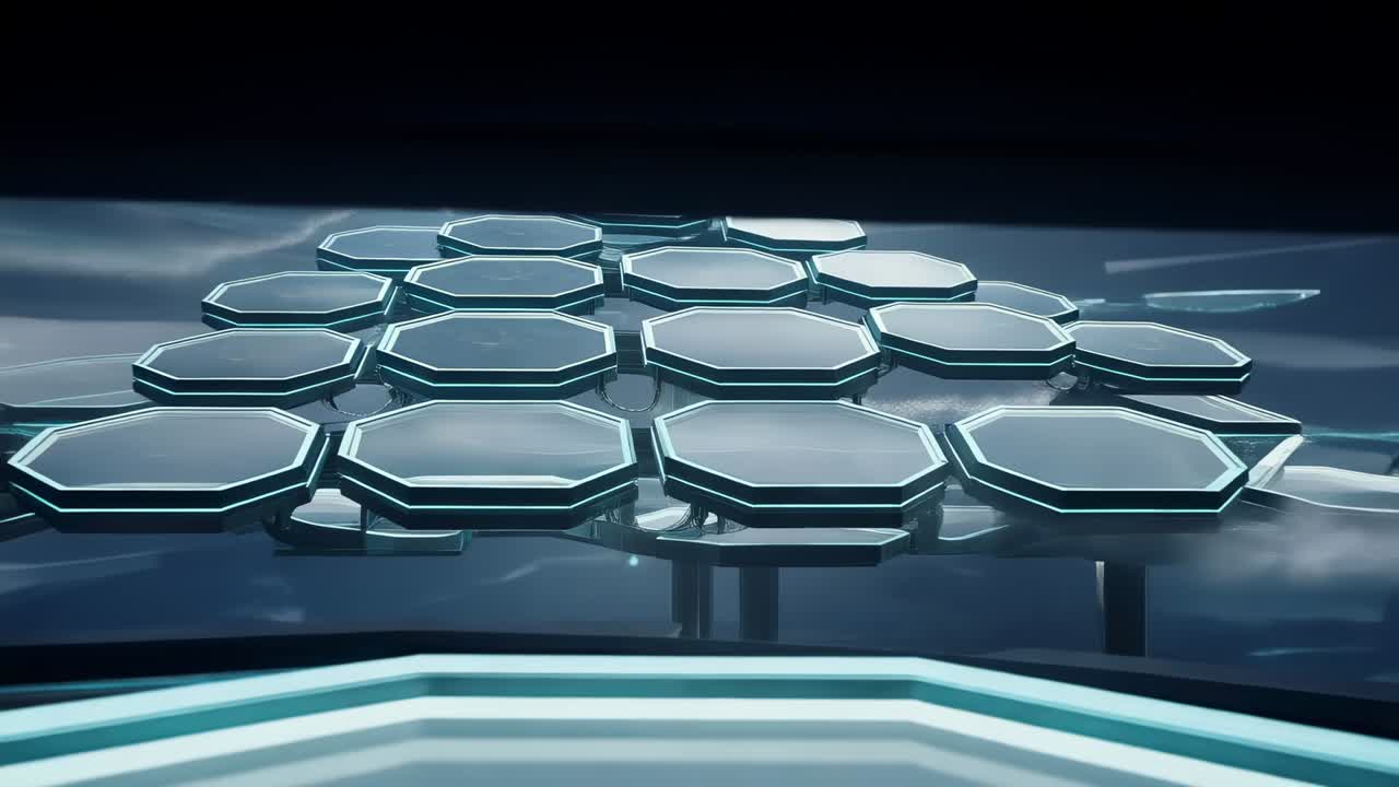 Réaction à l’avancée de la caméra, pilier central émettant une colonne d’énergie en spirale au-dessus d’une plateforme hexagonale à lueur turquoise