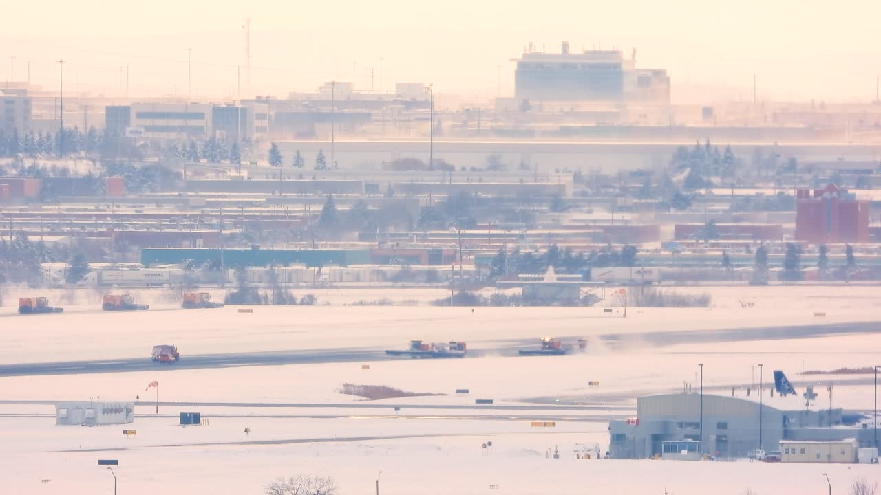 Snow clearing in progress at Toronto airport runway, wide angle shot