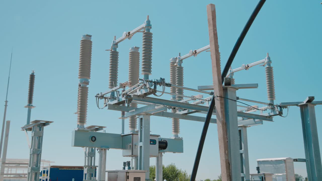 Electrical substation with blue sky, industrial technology concept