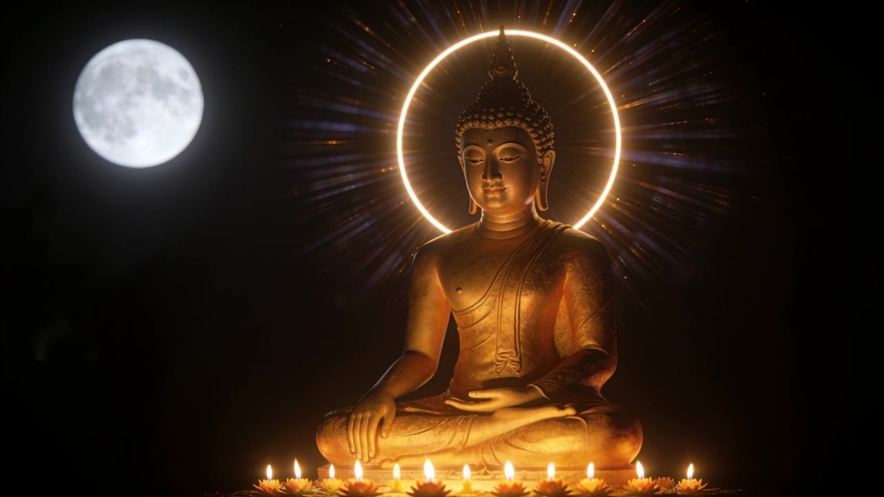 Fotogrammi che avanzano con alone pulsante, candele tremolanti che illuminano un Buddha d'oro sull'altare, luna a sinistra, atmosfera calmante.