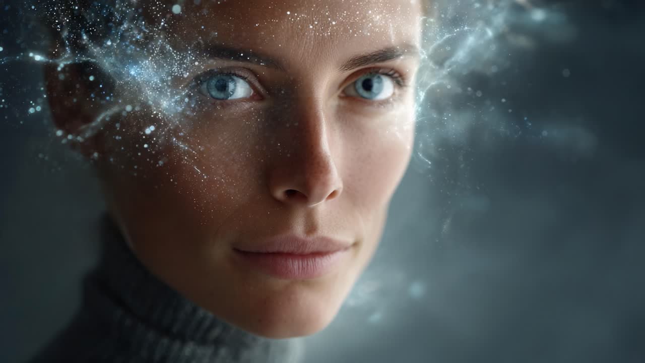 Captivating Transformation: A Portrait of a Woman Whose Face Transforms with Cosmic Elements, Blending Beauty and Starry Serenity in a Mystical Atmosphere