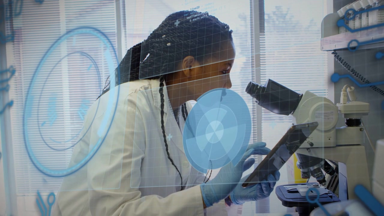 Woman tapping tablet, adjusting slide and peering through scope while blue UI guiding lab analysis