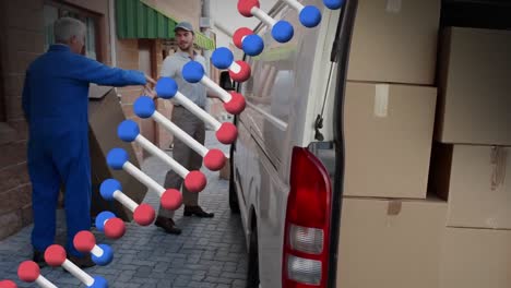 animation of dna strand spinning over delivery man with cardboard boxes