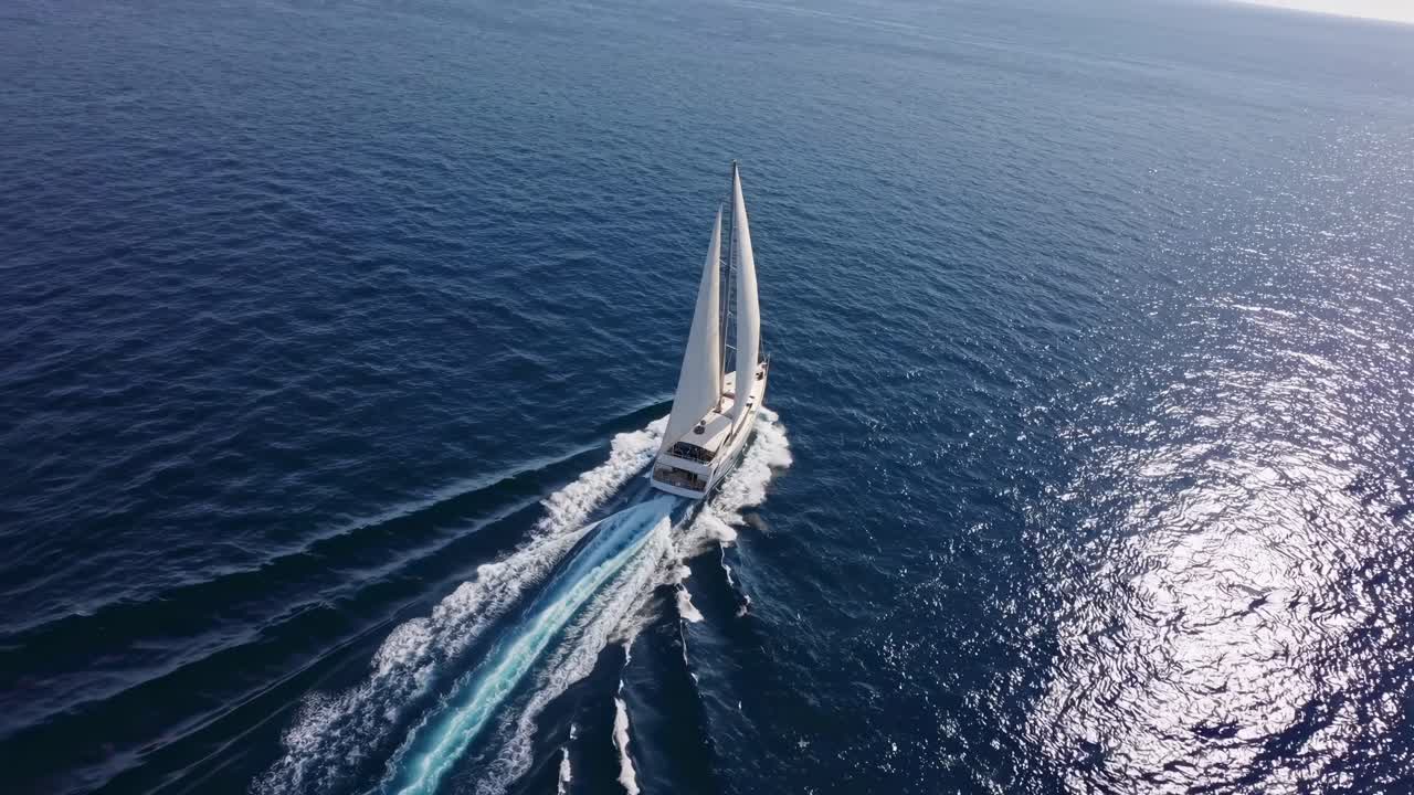 Aerial video capturing a sailboat cutting through the ocean, highlighting the vastness of the sea
