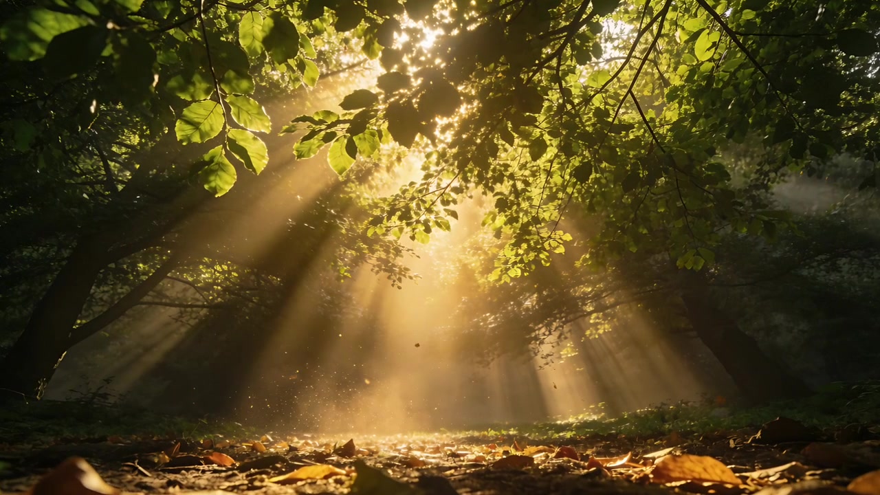 Luz solar penetrante abrindo raios de sol através da copa das árvores em clareira na floresta, projetando luz quente nas folhas.