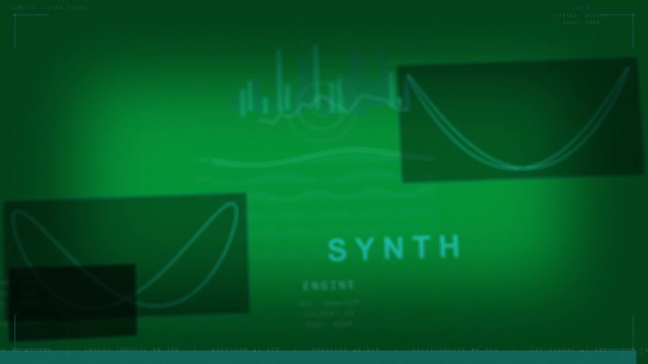 Dark vignette and teal markers causing SYNTH HUD pulsing, visualizing audio, transparent background