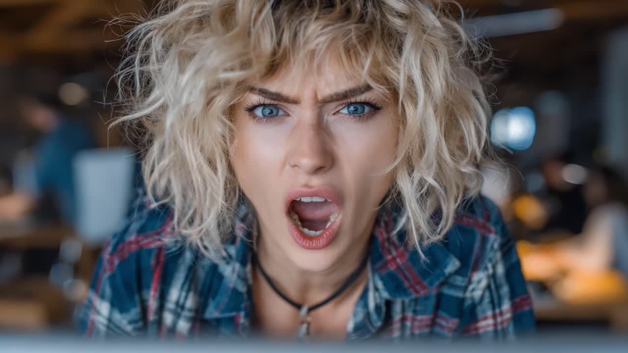 Capture of an Intense Emotional Reaction: A Young Woman Expressing Anger and Frustration in a Dynamic Work Environment