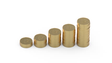 animación 3d que muestra la moneda de la moneda del rublo ruso creciendo y multiplicándose en un fondo blanco limpio con alfa mate para eliminar o reemplazar el fondo