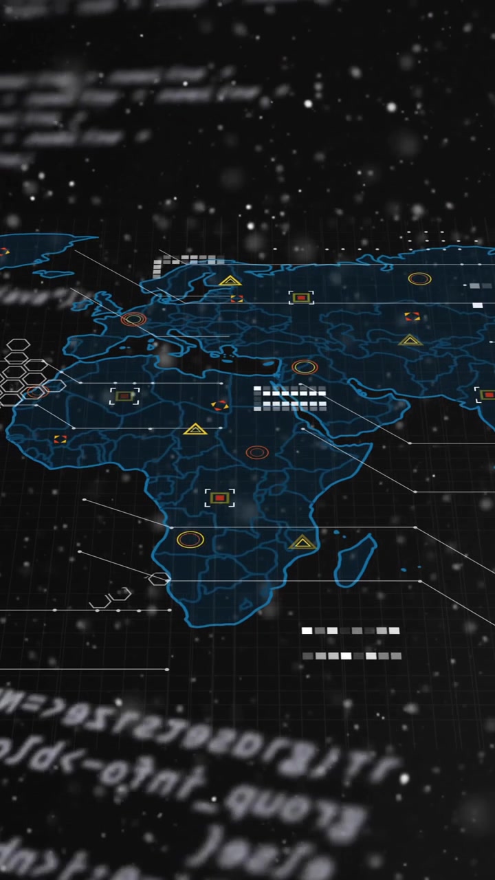 Animation of geometric shapes on map and computer language over black background