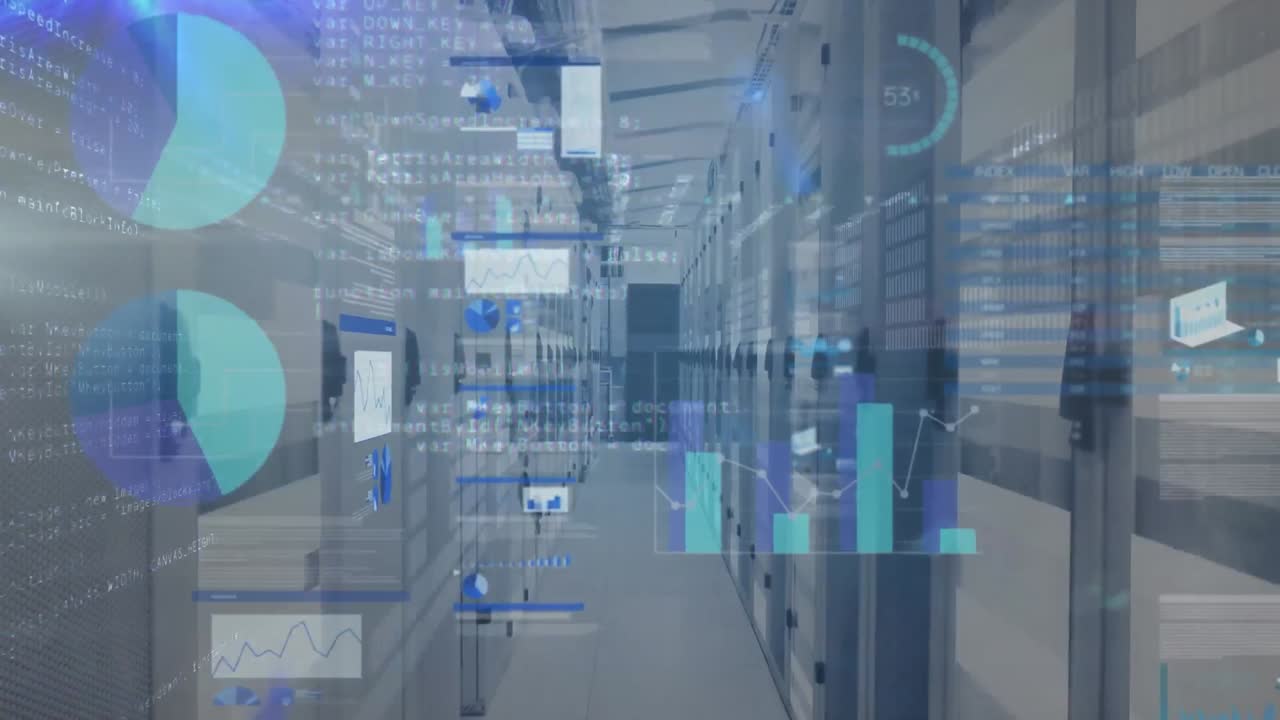 animación de las estadísticas y el procesamiento de datos en la sala técnica con servidores informáticos