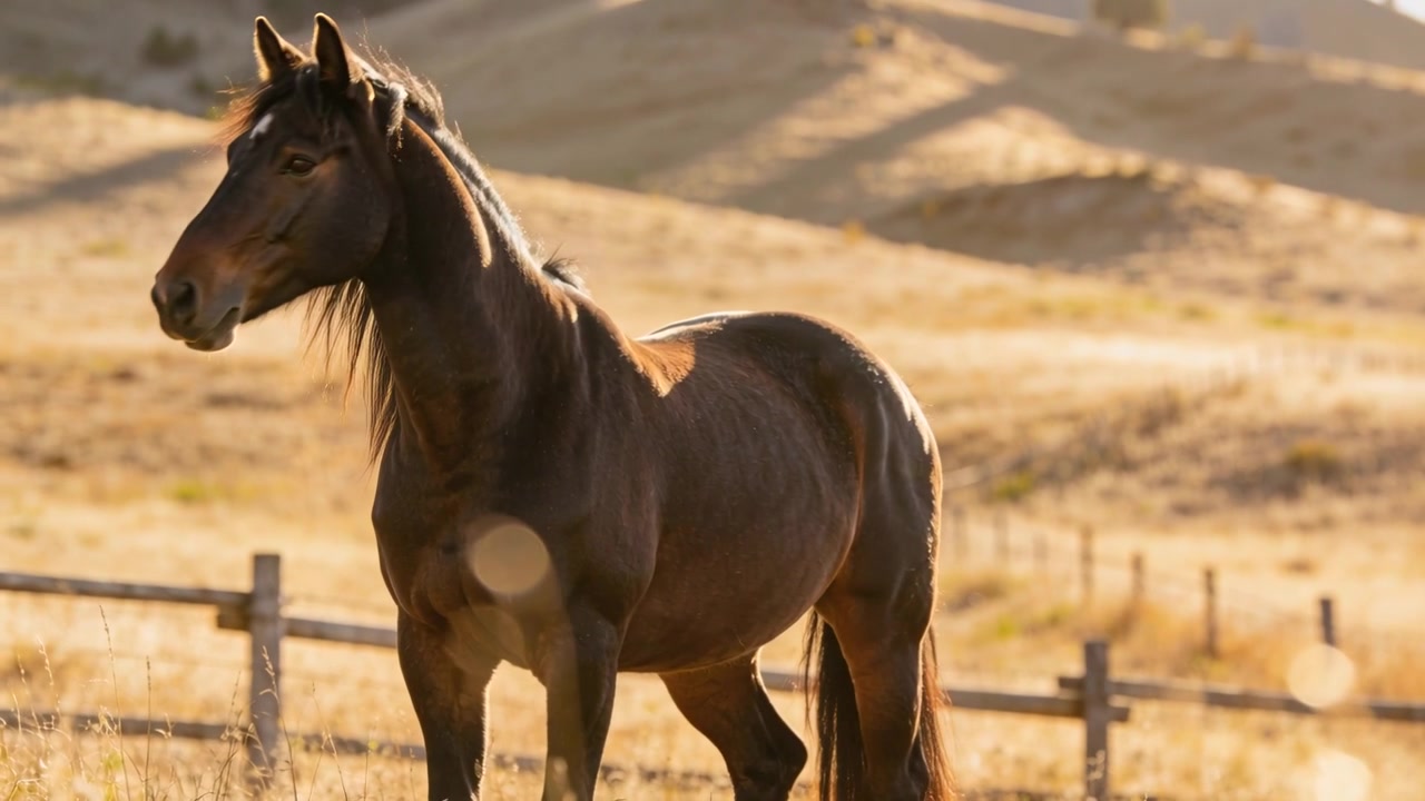 Cavalo marrom sentindo a brisa, virando a cabeça perto da cerca no pasto, a luz do sol revelando uma estrela e brilhos