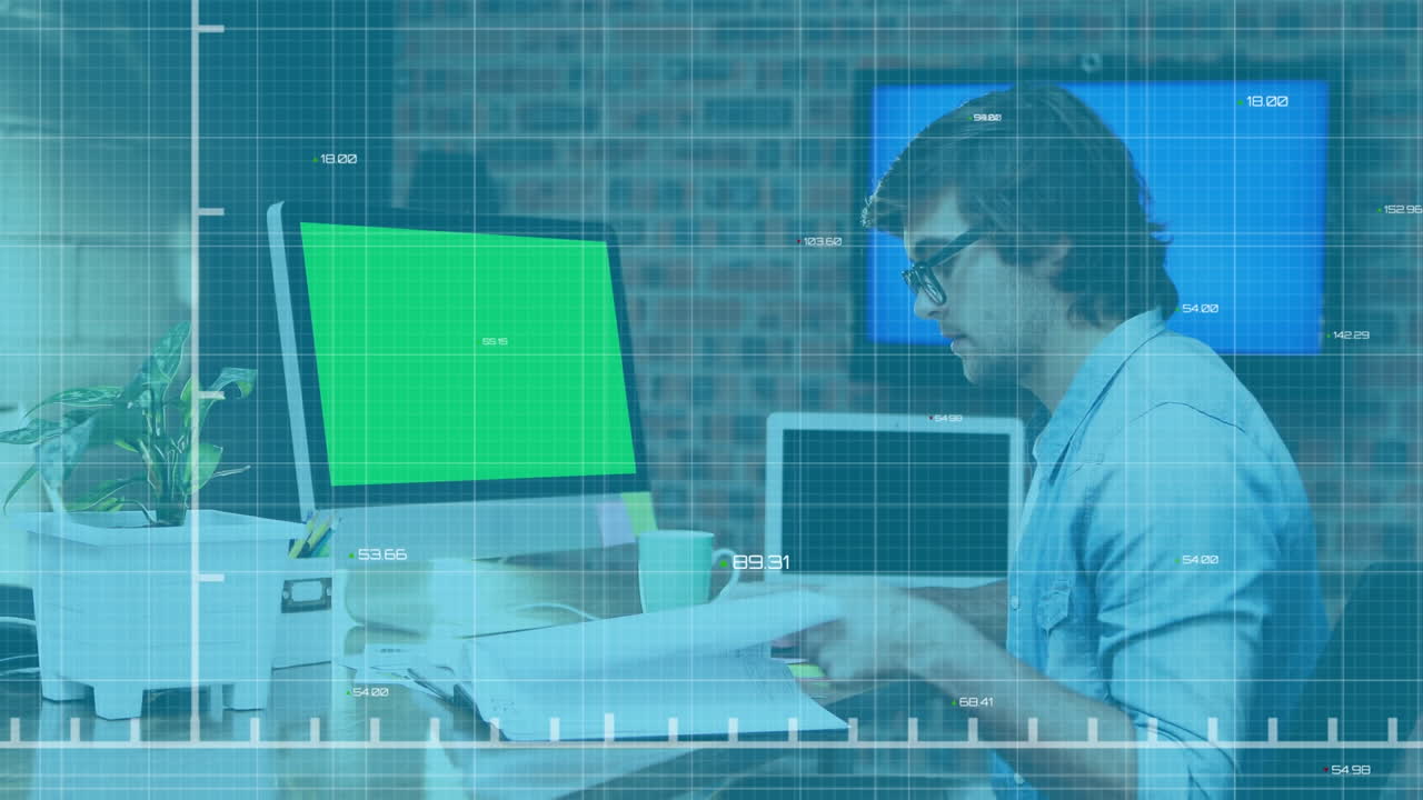 animación del procesamiento de datos financieros sobre el empresario que trabaja en la oficina