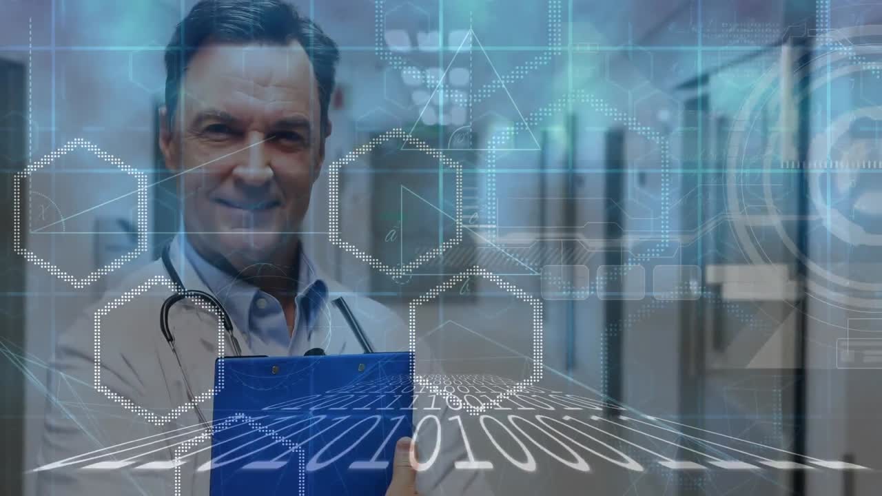 animación del procesamiento de datos de codificación binaria sobre un médico masculino