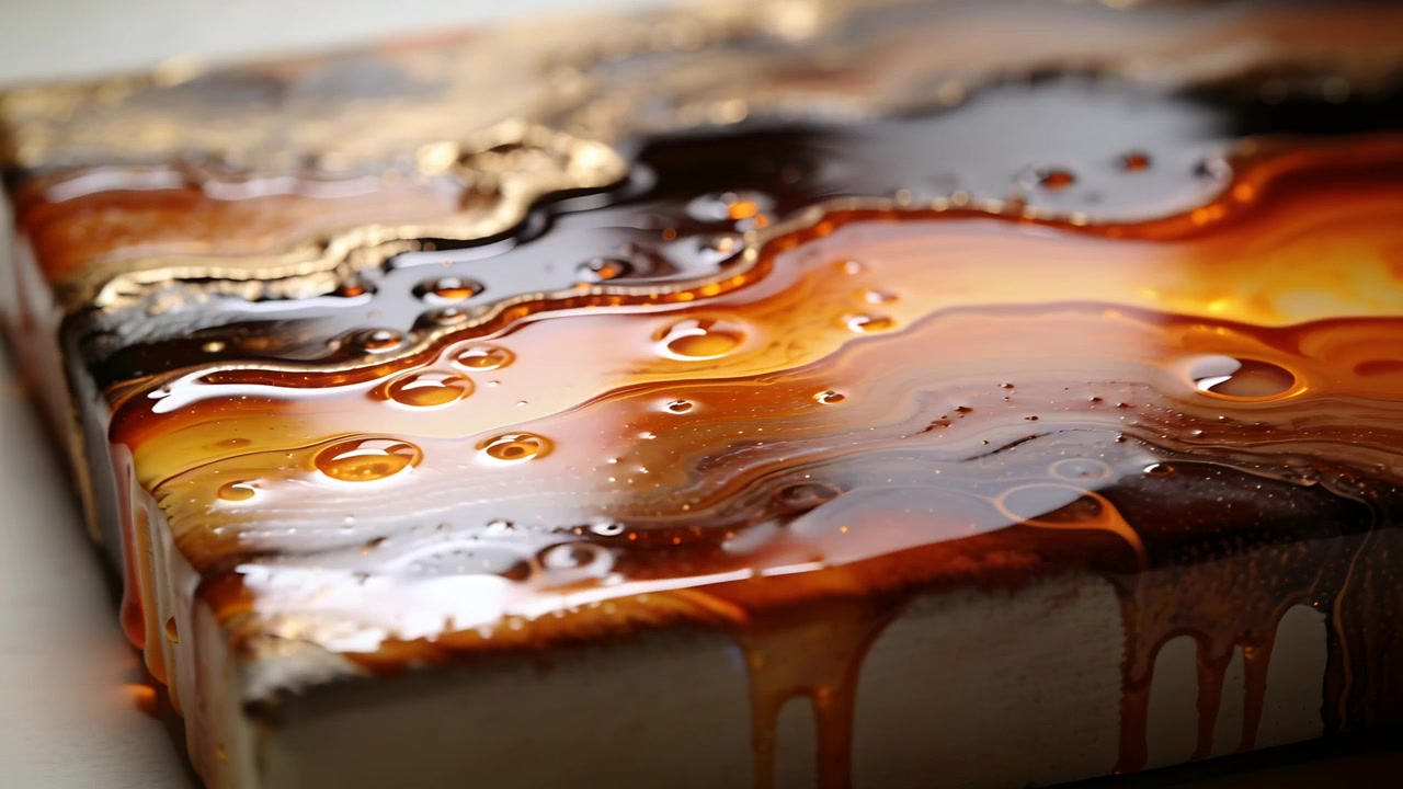 Resina ambrata che cola a gocce su un pannello artistico su un tavolo da studio per la livellatura, con bolle.