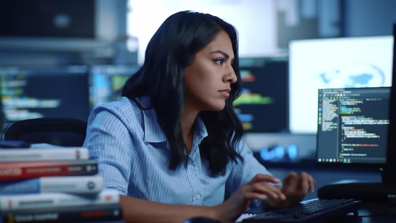 A focused programmer deeply immersed in coding, surrounded by programming books and monitors displaying complex code, showcasing dedication and creativity in the tech world