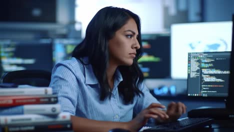 a focused programmer deeply immersed in coding, surrounded by programming books and monitors displaying complex code, showcasing dedication and creativity in the tech world