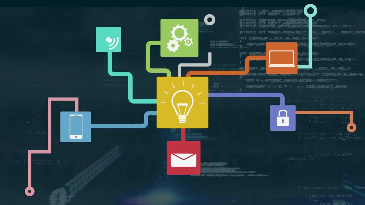 Animation of data processing and network of connections with binary coding in background
