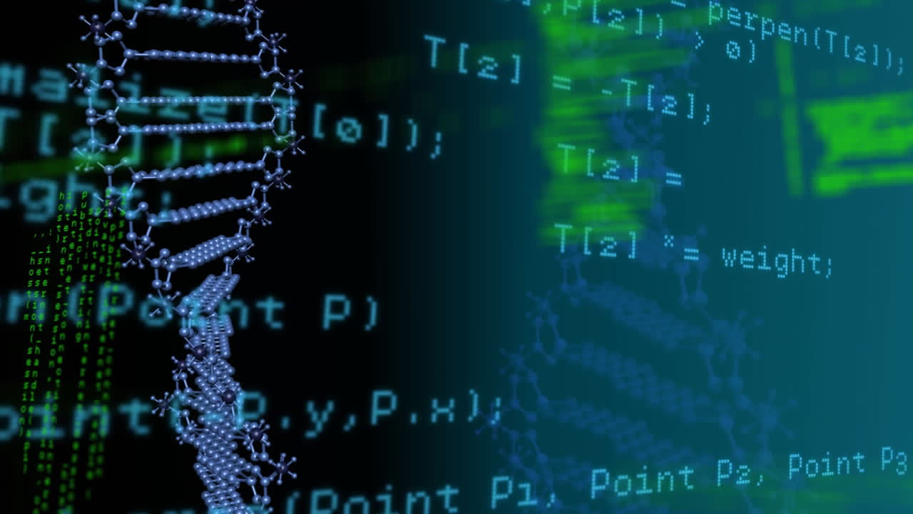 animación del hilado de cadenas de adn en 3d y procesamiento de datos científicos sobre fondo azul